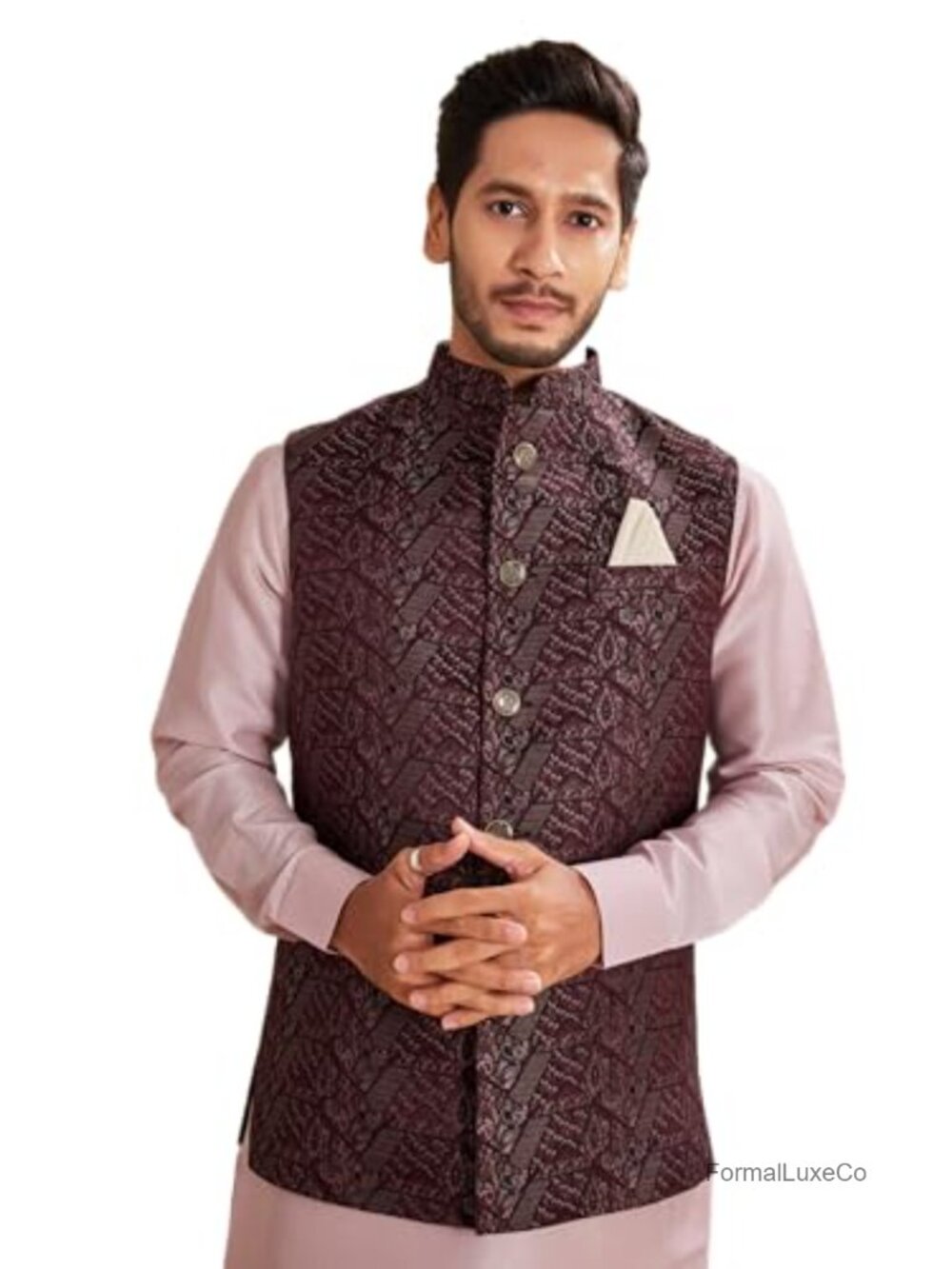 Men's Heavy Jacquard Silk Open Waistcoat Nehru Jacket Wedding Festive